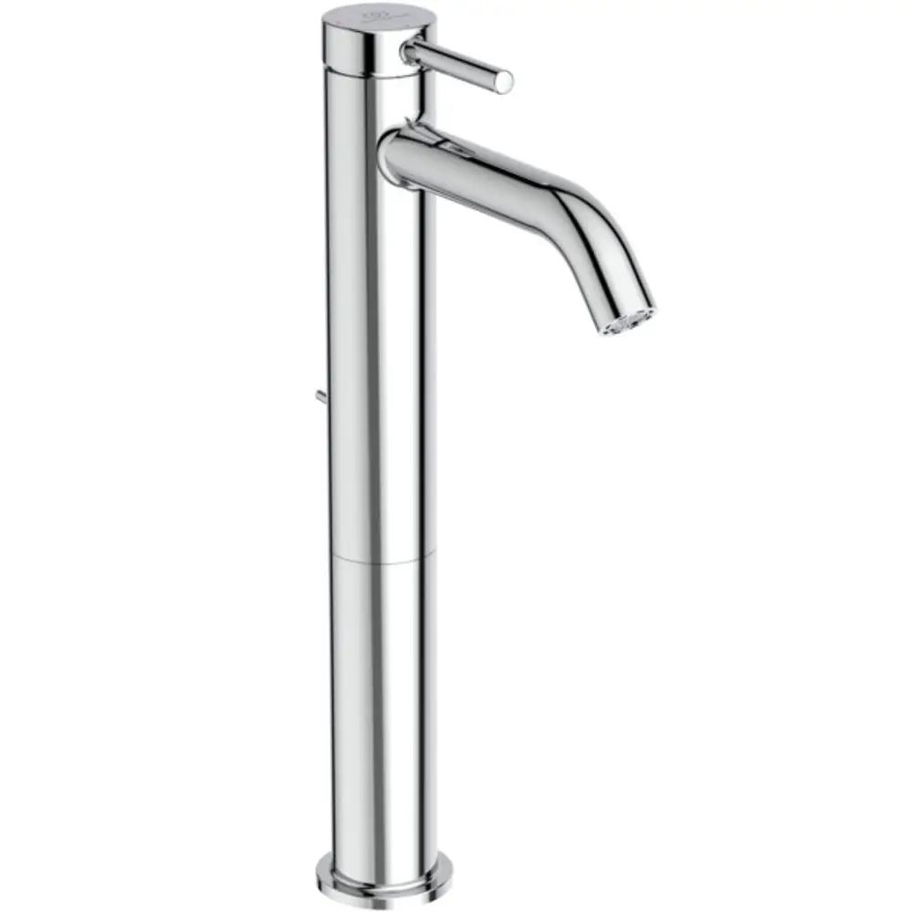 Hochwertige Armatur von Ideal Standard in Chrom-Optik mit einem langen Auslauf und einem seitlichen Bedienhebel zur Regulierungen der Wasserzufuhr.